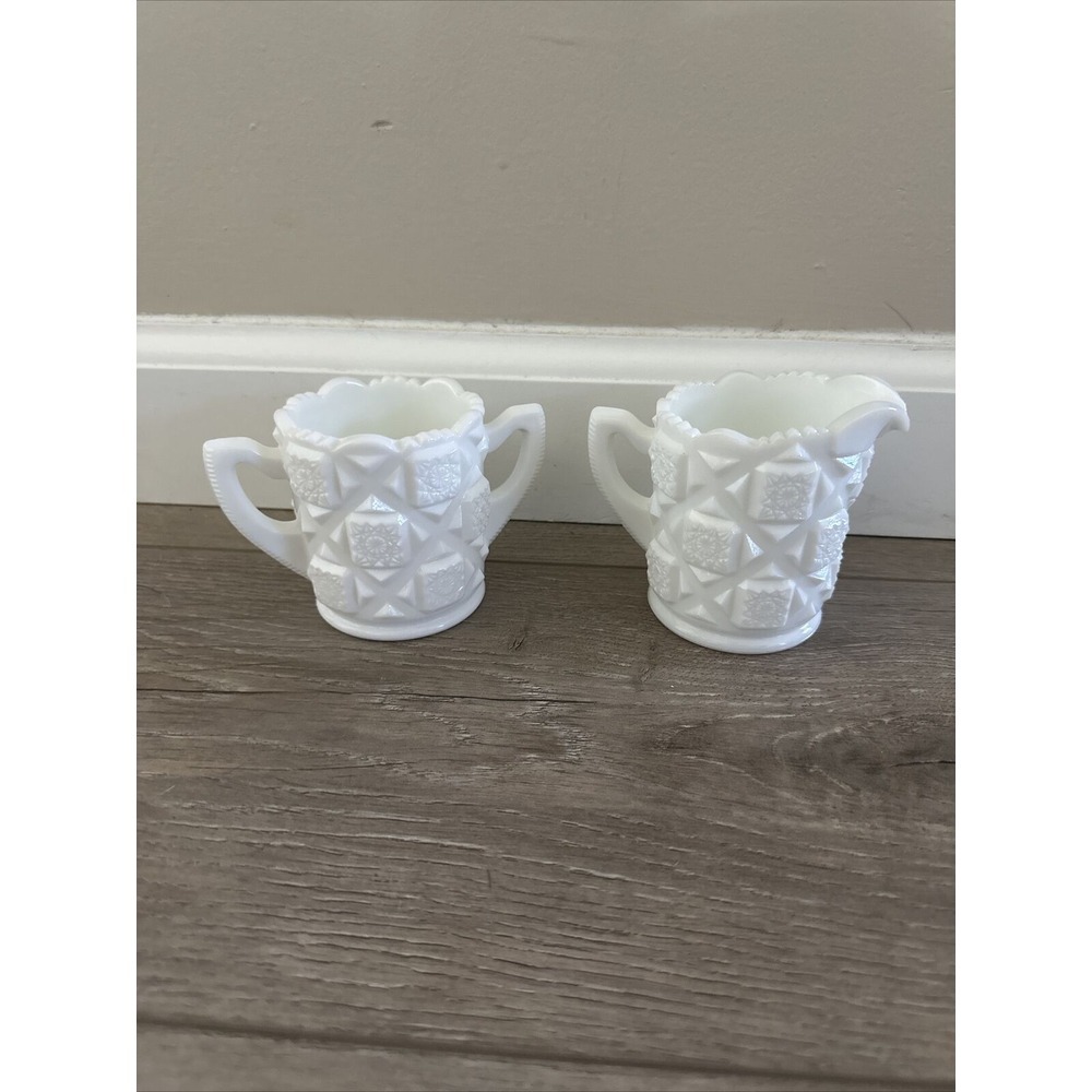 WESTMORELAND White Milk Glass OLD QUILT Sugar and Creamer‎
